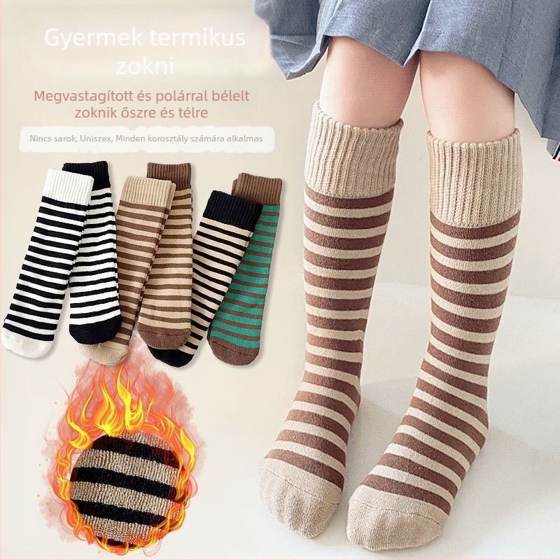 Gyerek zokni ősz-tél fleece-bevonatú, vastag, hosszú, csíkos, középmagas, uniszex