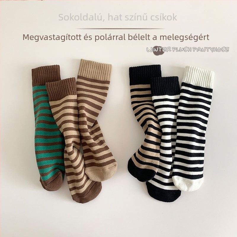 Gyerek zokni ősz-tél fleece-bevonatú, vastag, hosszú, csíkos, középmagas, uniszex