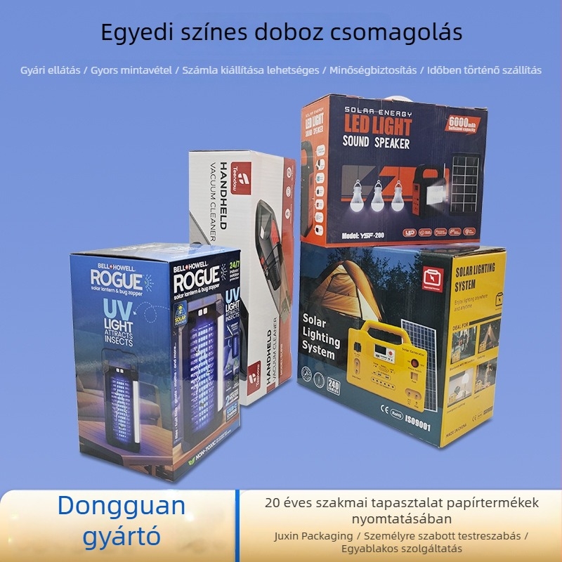 Világítótestek csomagolása színes dobozokban, kis tételben gyártott, hullámkarton