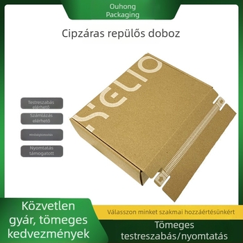 Ruházatok csomagolására szolgáló cipzáras kartondoboz, nyitható szakadásos kialakítással, ragasztó nélkül, hullámkartonból