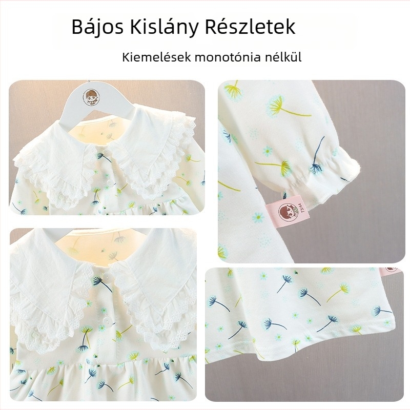 Kislányok tavaszi virágos ruha, koreai stílusú, pamutból, A-vonalú szabás, 1–3 éveseknek (80–100 cm)