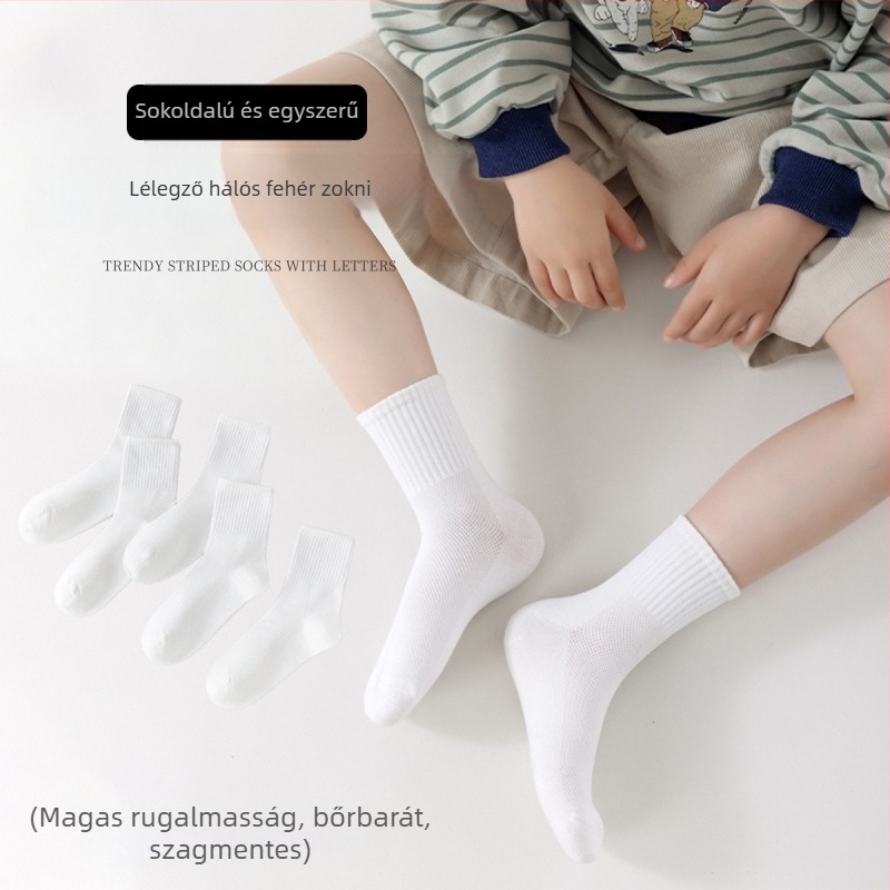 Gyerekeknek tervezett vékony pamut zokni, fehér, bokaszárú, tavasz–nyár, légáteresztő hálós textúra, uniszex.
