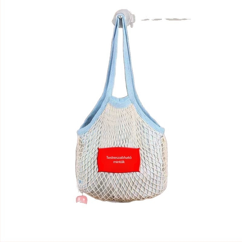 Kék szegélyű pamut hálós bevásárló- és strandtáska, gyümölcs- és zöldségháló