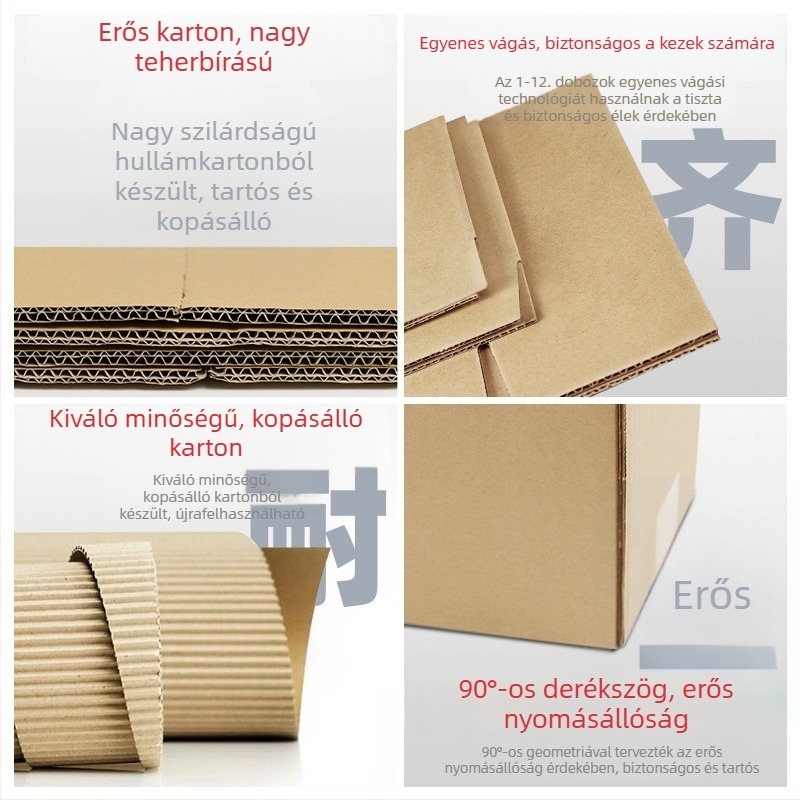 T-formájú sík karton logisztikához és csomagoláshoz, felső nyílással, szakadás- és nyomásálló, különböző méretekben.