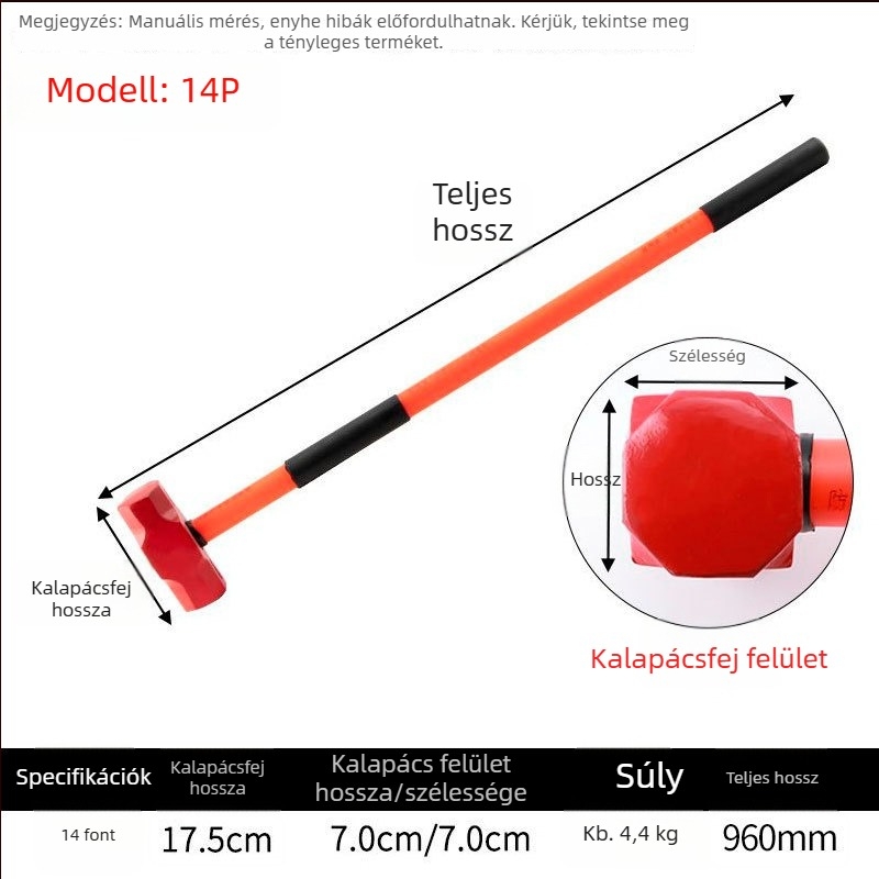 Nagy teherbírású nyolcszögletű kalapács fiber-plasztiknyéllel, ütésálló fej, építéshez és autókarbantartáshoz