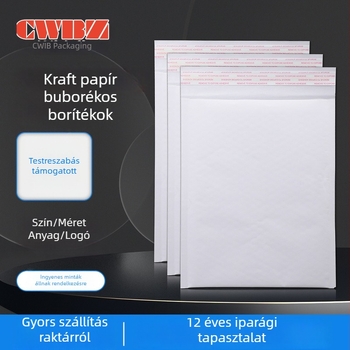 Fehér PE-kraft papír buborékos küldeményes taska, önzáró, vastagított habvédővel, hosszú futártaska, külső méretek 11×13+4 cm, belső 9×13+4 cm, újrahasznosítható, logó nyomtatható