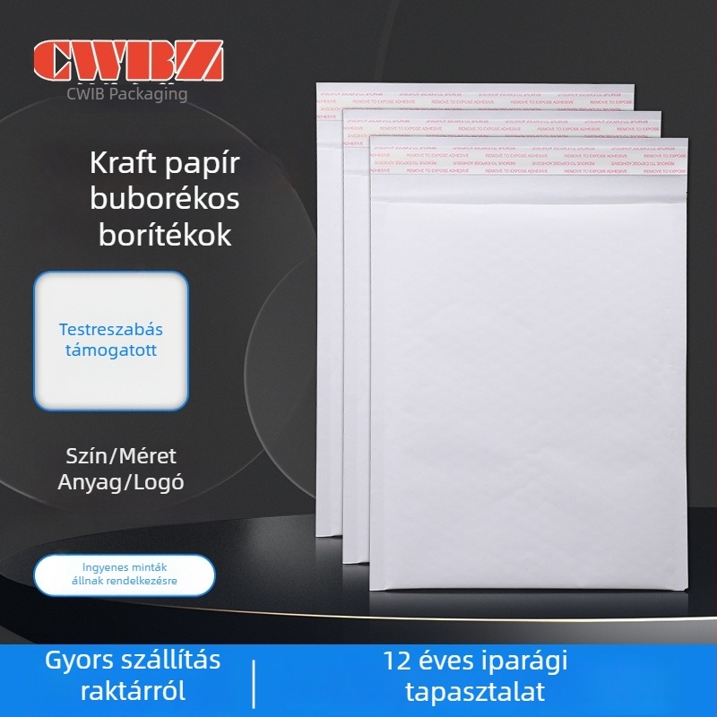 Fehér PE-kraft papír buborékos küldeményes taska, önzáró, vastagított habvédővel, hosszú futártaska, külső méretek 11×13+4 cm, belső 9×13+4 cm, újrahasznosítható, logó nyomtatható