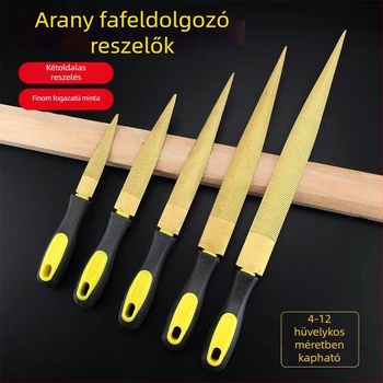 Aranyszínű fafaragó reszelő, kézzel készített, durva fogazattal a formázáshoz