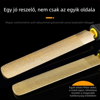 Aranyszínű fafaragó reszelő, kézzel készített, durva fogazattal a formázáshoz