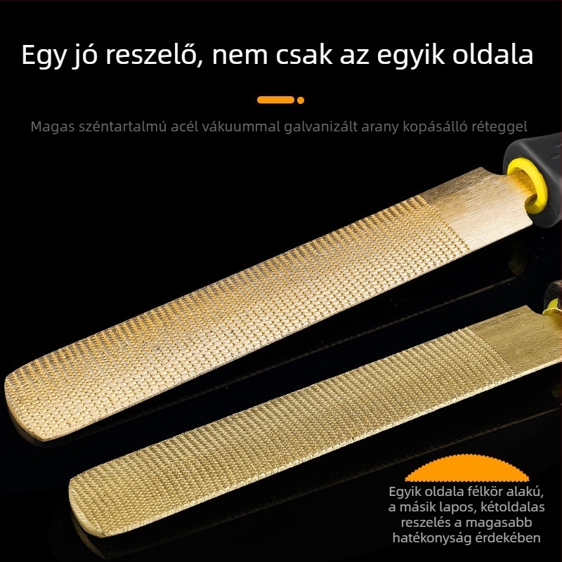 Aranyszínű fafaragó reszelő, kézzel készített, durva fogazattal a formázáshoz