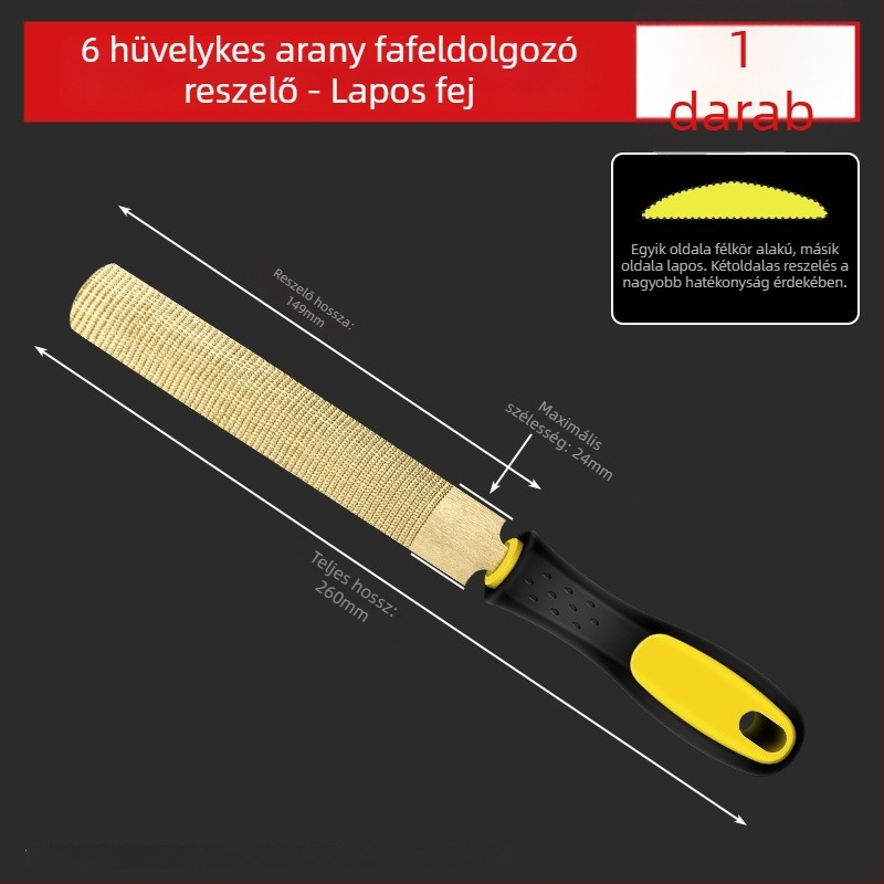 Aranyszínű fafaragó reszelő, kézzel készített, durva fogazattal a formázáshoz