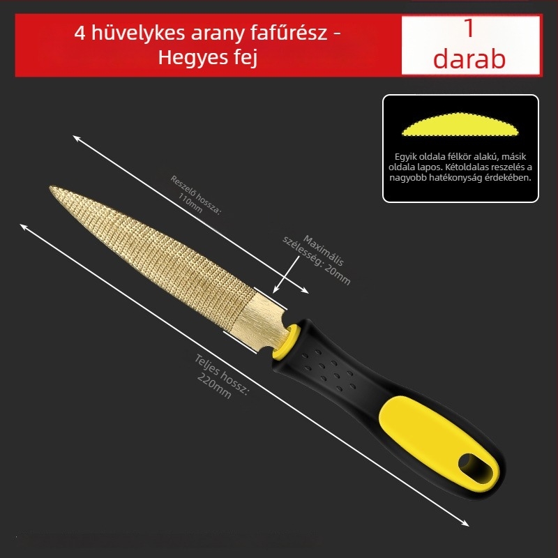Aranyszínű fafaragó reszelő, kézzel készített, durva fogazattal a formázáshoz