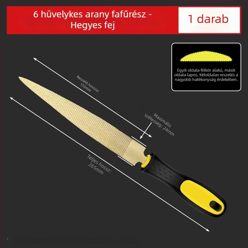 Aranyszínű fafaragó reszelő, kézzel készített, durva fogazattal a formázáshoz