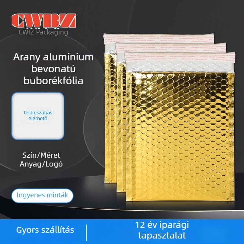 Arany színű alumínium bevonatú buborékos küldeményzacskó, vastagított ütésálló és zuhanásálló, vízálló csomagolás ruházathoz, külső méretek 18x23+4 cm, belső 16x23+4 cm.
