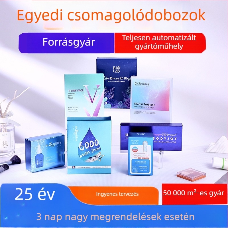 Egyedi ezüst kartonból készült kozmetikai csomagoló doboz UV nyomtatással, maszk- és bőrápolási termékekhez
