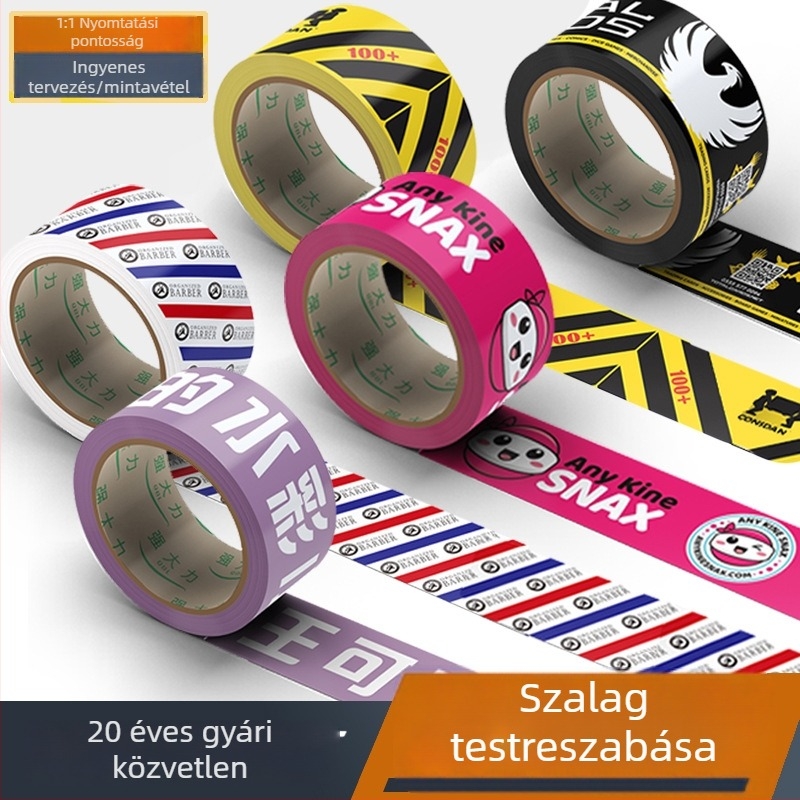 Személyre szabott csomagoló szalag logóval, felirattal és QR-kóddal; átlátszó, kis tételben készül