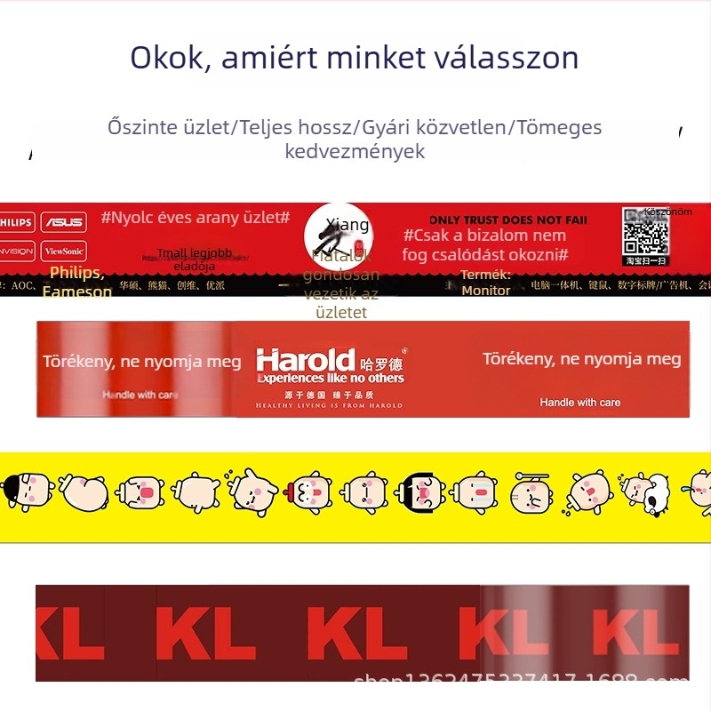 Személyre szabott csomagoló szalag logóval, felirattal és QR-kóddal; átlátszó, kis tételben készül