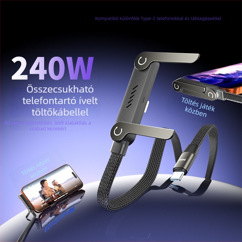 240W-os, többfunkciós gyors töltésű adatkábel telefonhoz és telefontartóval, kompatibilis iPhone 15/17 és táblagépekkel