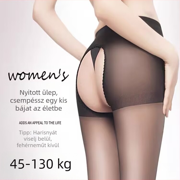 Nyitott ágyékkal rendelkező harisnyanadrág, fekete, átlátszó, ultra-vékony, nők plusz méret
