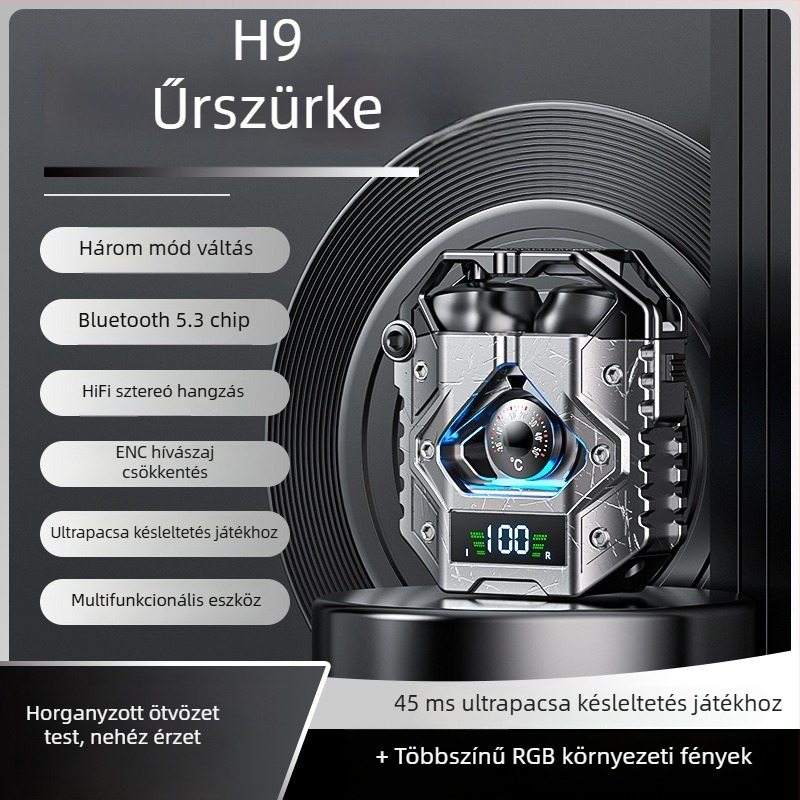 H9 Bluetooth fülhallgató, TWS5.3, kétoldalas, digitális kijelző, zajcsökkentés, mecha zenei stílus, két mód e-sportokhoz