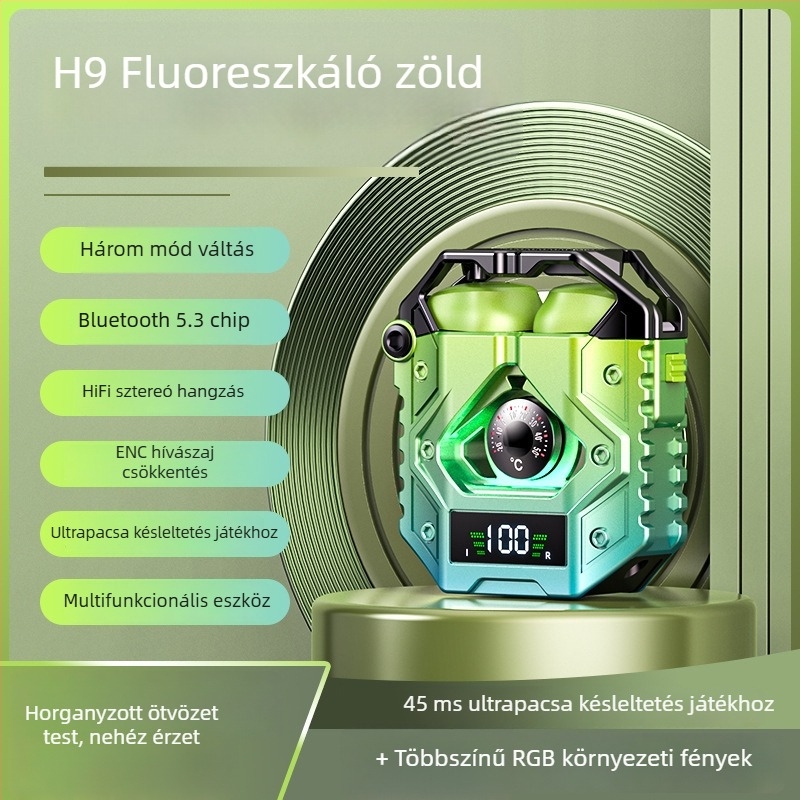 H9 Bluetooth fülhallgató, TWS5.3, kétoldalas, digitális kijelző, zajcsökkentés, mecha zenei stílus, két mód e-sportokhoz