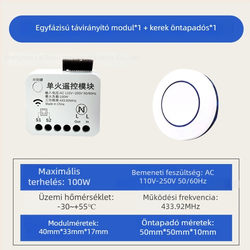 433 MHz-es vezeték nélküli távirányító modul, kábelezés nélküli telepítéshez, egygombos többfunkciós vezérlés 220 V-os háztartási világításhoz