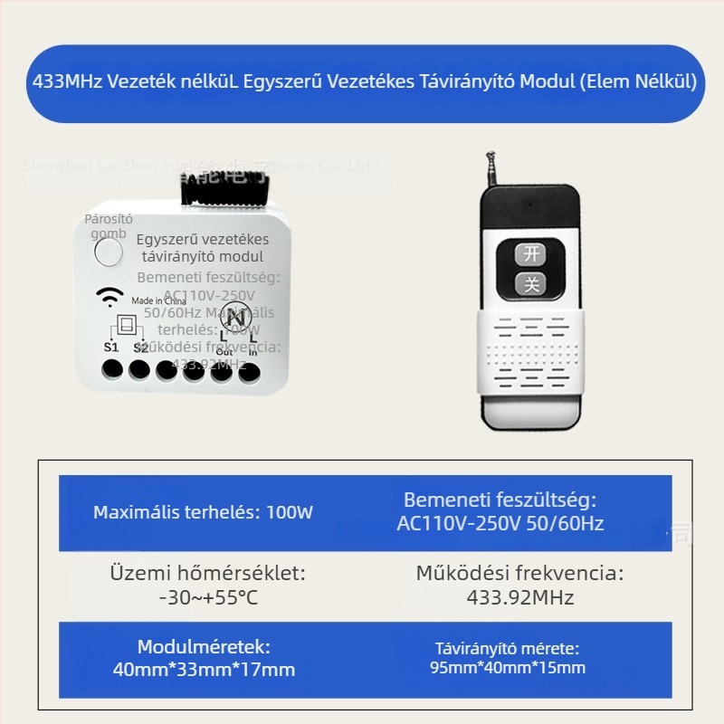433 MHz-es vezeték nélküli távirányító modul, kábelezés nélküli telepítéshez, egygombos többfunkciós vezérlés 220 V-os háztartási világításhoz