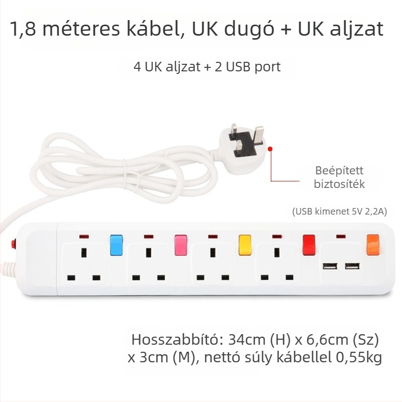 Brit szabvány szerinti 13A túlfeszültségvédett hosszabbító USB-töltéssel