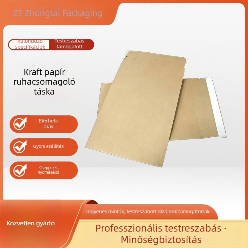 Kraft papírtasak ruháknak, egyedi kivitelezésű öntapadós zárással, lapos zacskók ruhákhoz és nadrágokhoz