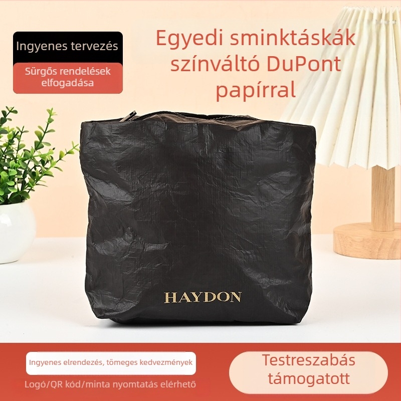 Színváltós Dupont papírból készült kozmetikai táska, vízálló Kraft papír, cipzár, kézi fogantyú, mosható, személyre szabható