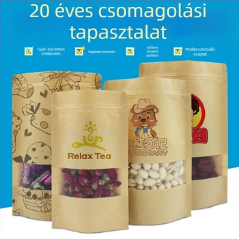 Testreszabható kraftpapír tasak ZIP-zárással, átlátszó ablak alumíniumfóliából, önállóan álló édességcsomagolás