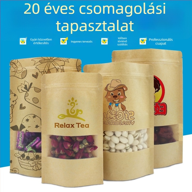 Testreszabható kraftpapír tasak ZIP-zárással, átlátszó ablak alumíniumfóliából, önállóan álló édességcsomagolás