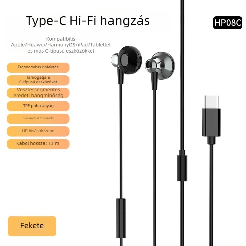 In-ear vezetékes fülhallgató, 3,5 mm-es csatlakozó, Type-C interfész, fém kivitel, játékokhoz és zenéhez – Lidenuo