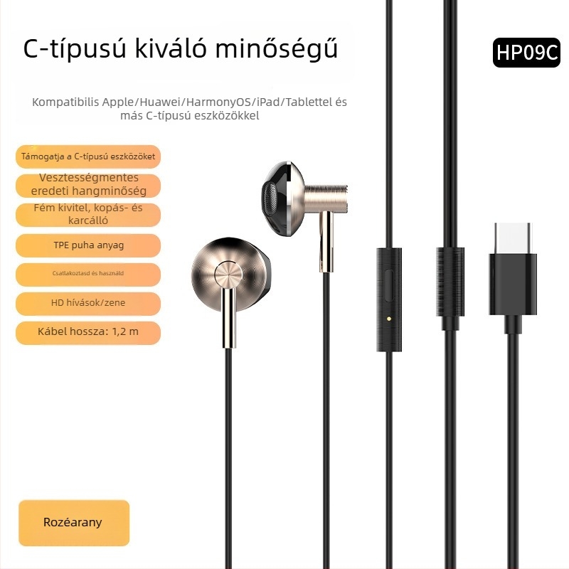 In-ear vezetékes fülhallgató, 3,5 mm-es csatlakozó, Type-C interfész, fém kivitel, játékokhoz és zenéhez – Lidenuo