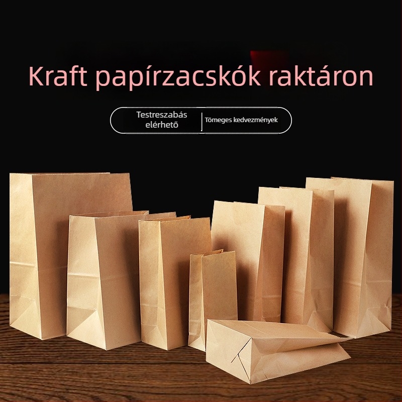 Sárga Kraft papírzacskók, négyzet aljzattal, élelmiszer csomagoláshoz, elvitelre, olajálló, 100 db