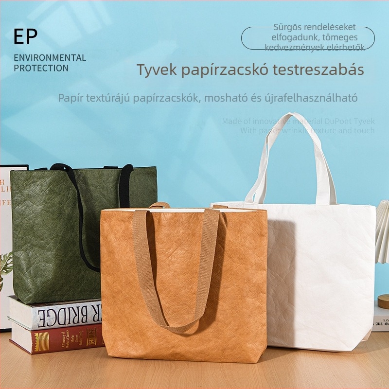 DuPont Kraft papírtáska egyedi logóval, retro vízálló válltáska texturált papírból, mosható, szakadásálló