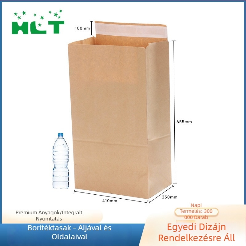 Egyedi kraft papírtasak, 410×250×655 mm, öntapadós, aljával és oldalával, ruhák csomagolásához