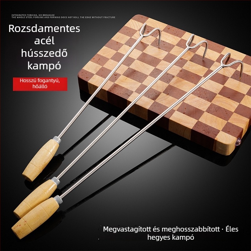 Rozsdamentes acélból készült vastag húskampó hosszú nyéllel