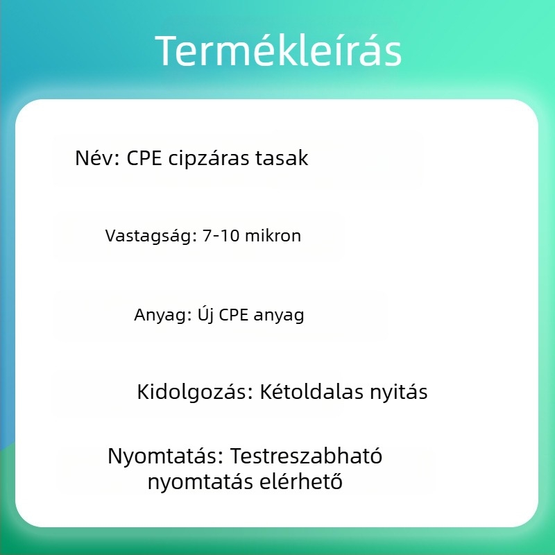 Személyre szabott CPE matt zipzáras ruhacsomagoló tasak, átlátszó PE anyag