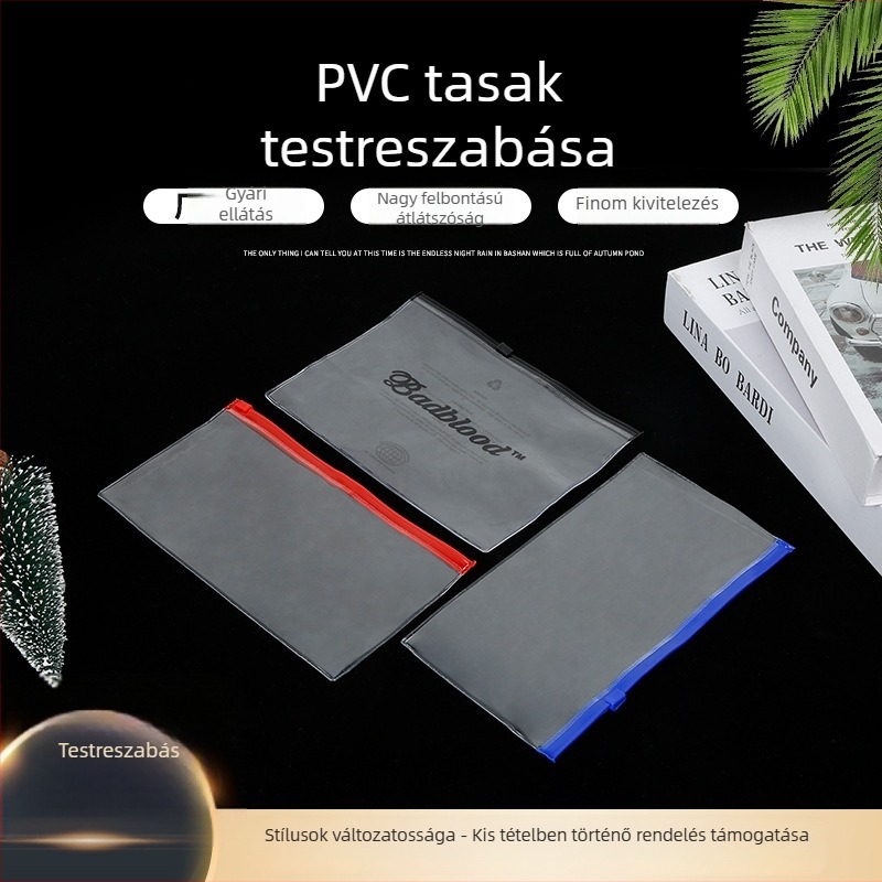 Átlátszó cipzáras tároló taska matt műanyag PVC tolltartó EVA csattal – irodai kellékekhez