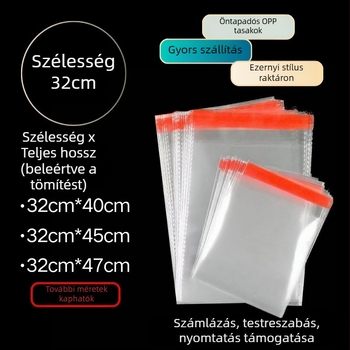 32 cm széles átlátszó OPP csomagoló taska öntapadós, logóval nyomtatva