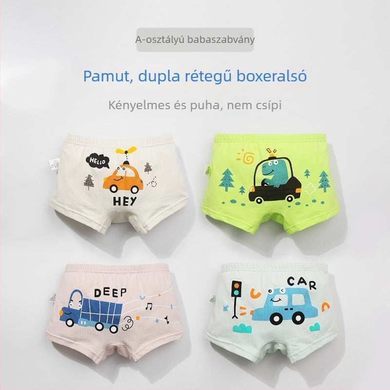 Gyerekeknek készült 100% pamut boxeralsó, A osztály, légáteresztő, rajzfilm mintával, 3-8 éves fiúknak