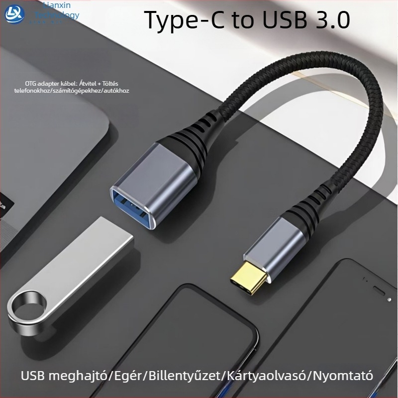 Type-C USB 3.0 OTG adapter kábel, nagy sebességű adatátvitel, Type-C férfi USB-A női csatlakozó, hossz 1–2 m, fekete