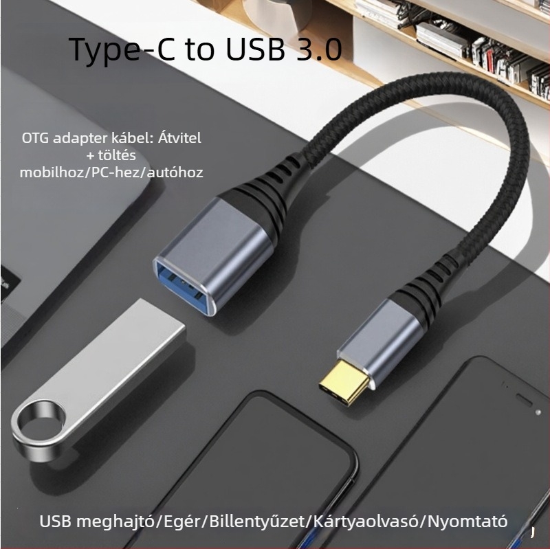 Type-C USB 3.0 OTG adapter kábel, nagy sebességű adatátvitel, Type-C férfi USB-A női csatlakozó, hossz 1–2 m, fekete