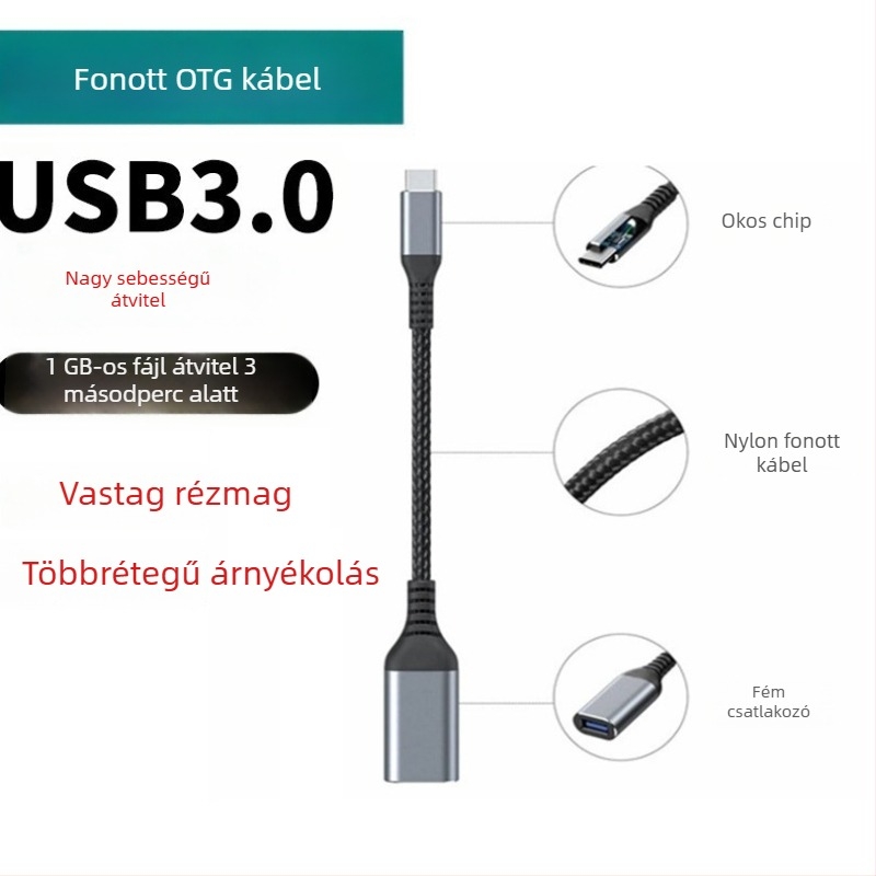 Type-C USB 3.0 OTG adapter kábel, nagy sebességű adatátvitel, Type-C férfi USB-A női csatlakozó, hossz 1–2 m, fekete