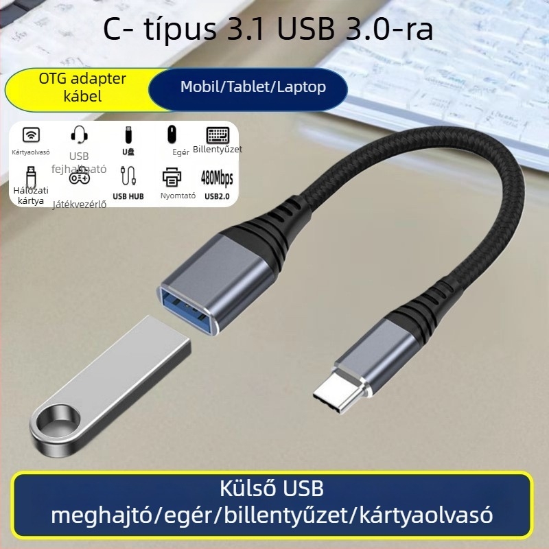Type-C USB 3.0 OTG adapter kábel, nagy sebességű adatátvitel, Type-C férfi USB-A női csatlakozó, hossz 1–2 m, fekete
