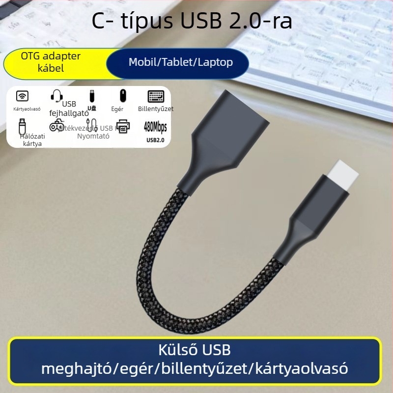 Type-C USB 3.0 OTG adapter kábel, nagy sebességű adatátvitel, Type-C férfi USB-A női csatlakozó, hossz 1–2 m, fekete
