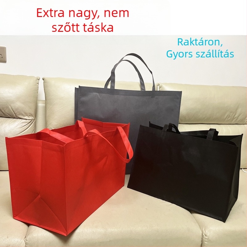 Piros-fekete nemszövött textil ajándéktáska ruhákhoz és öltönyökhöz, méretek 60x50x20 cm