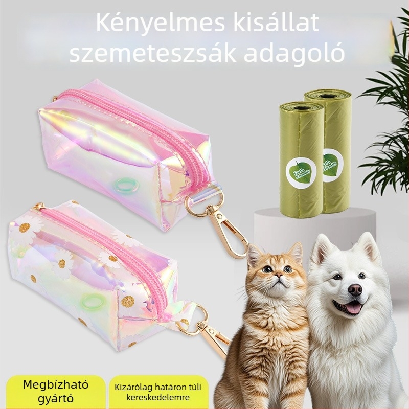 Új háziállatok ürülékének adagolója lézerrel gravírozott bőrtokkal és színes, átlátszó biológiailag lebomló zacskókkal
