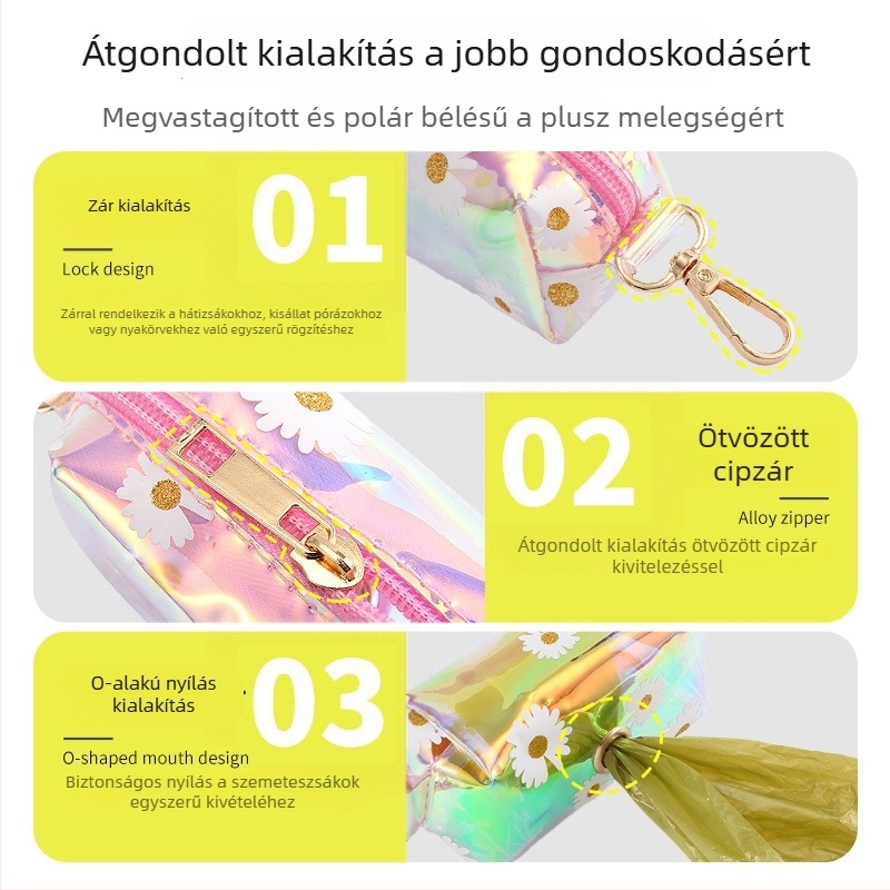 Új háziállatok ürülékének adagolója lézerrel gravírozott bőrtokkal és színes, átlátszó biológiailag lebomló zacskókkal